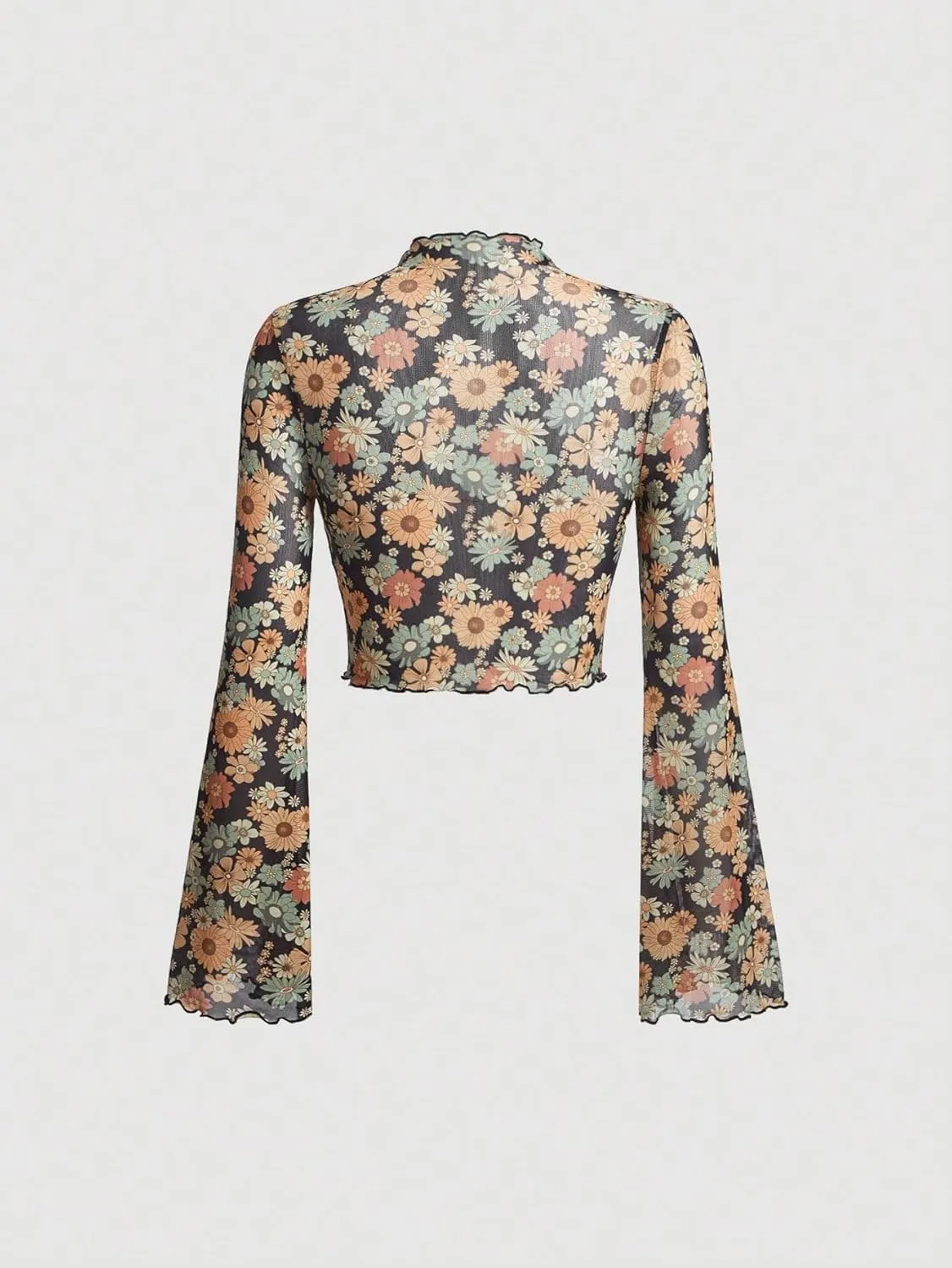 Verdusa Women's Bell Sleeve Lettuce Trim Mock Neck Floral Mesh Top Crop T Shirt