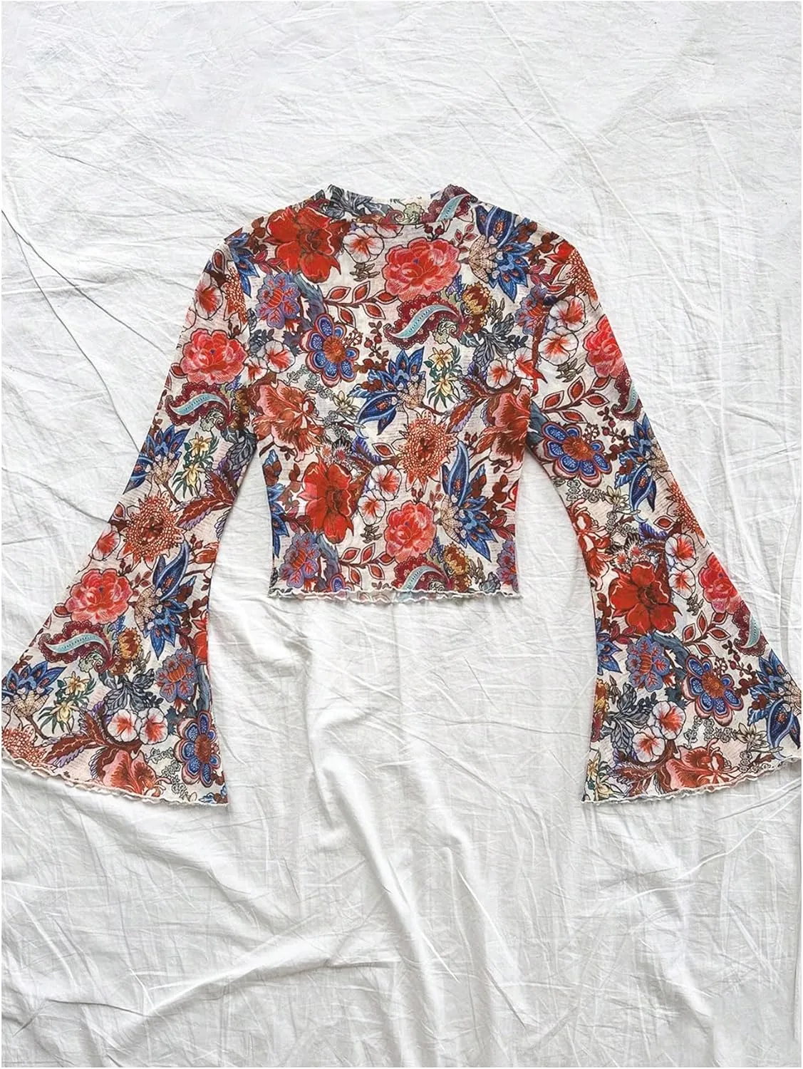 Verdusa Women's Bell Sleeve Lettuce Trim Mock Neck Floral Mesh Top Crop T Shirt
