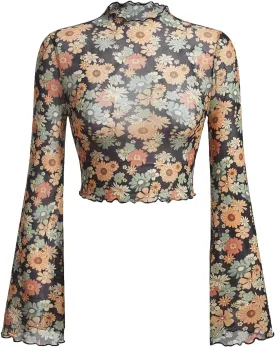 Verdusa Women's Bell Sleeve Lettuce Trim Mock Neck Floral Mesh Top Crop T Shirt