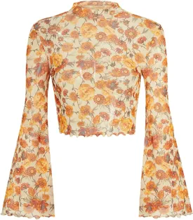 Verdusa Women's Bell Sleeve Lettuce Trim Mock Neck Floral Mesh Top Crop T Shirt