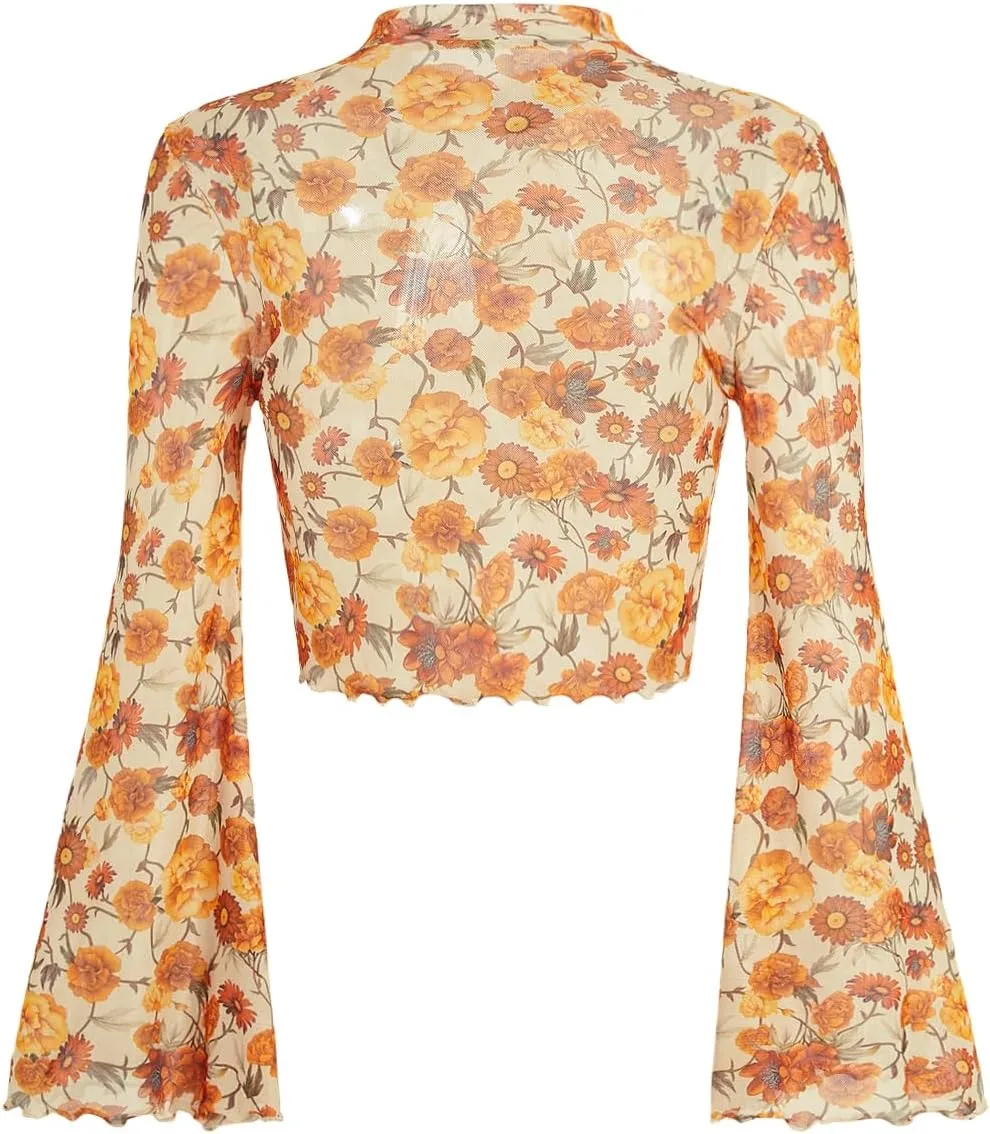 Verdusa Women's Bell Sleeve Lettuce Trim Mock Neck Floral Mesh Top Crop T Shirt