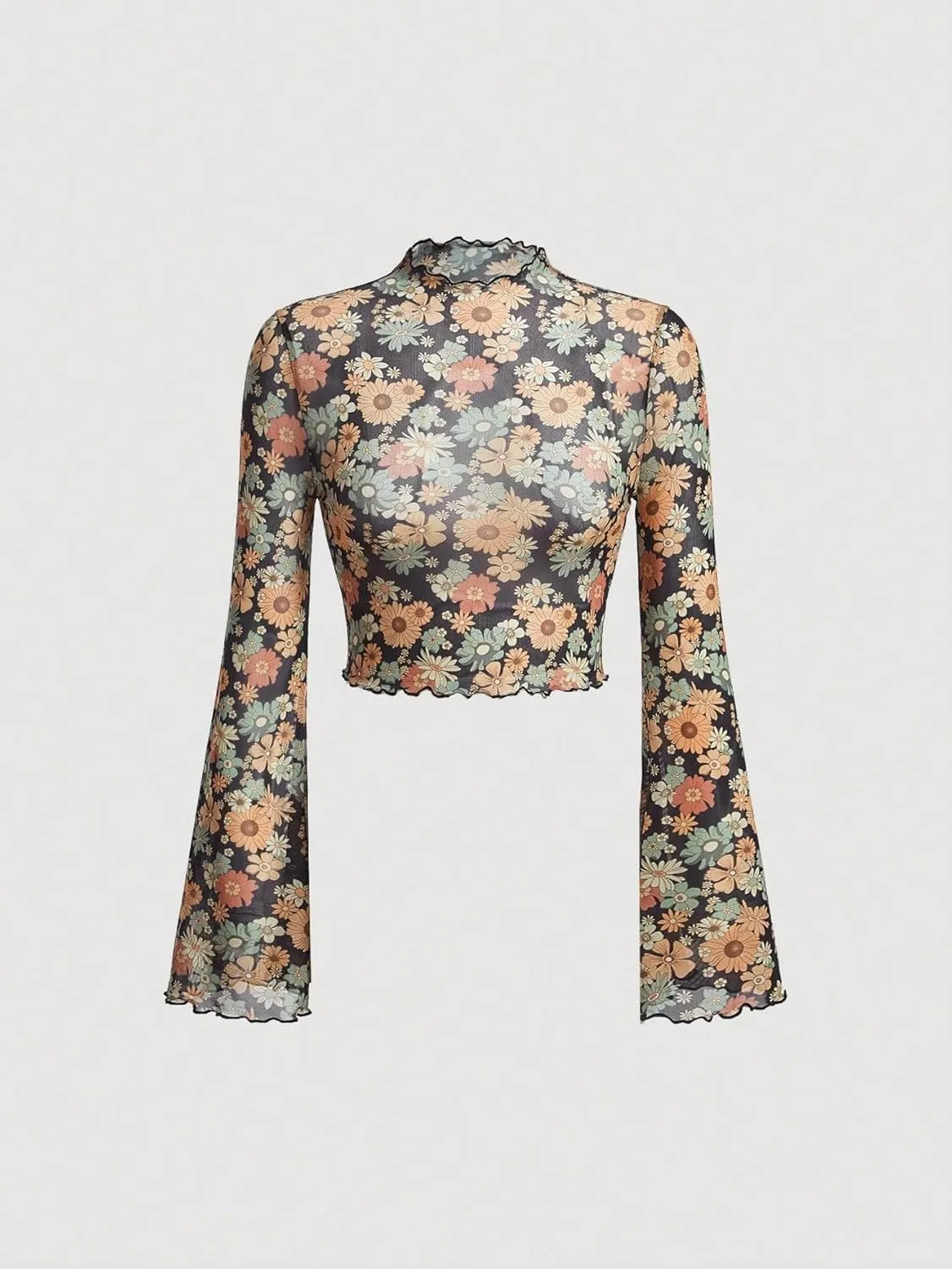 Verdusa Women's Bell Sleeve Lettuce Trim Mock Neck Floral Mesh Top Crop T Shirt