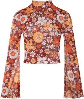 Verdusa Women's Bell Sleeve Lettuce Trim Mock Neck Floral Mesh Top Crop T Shirt