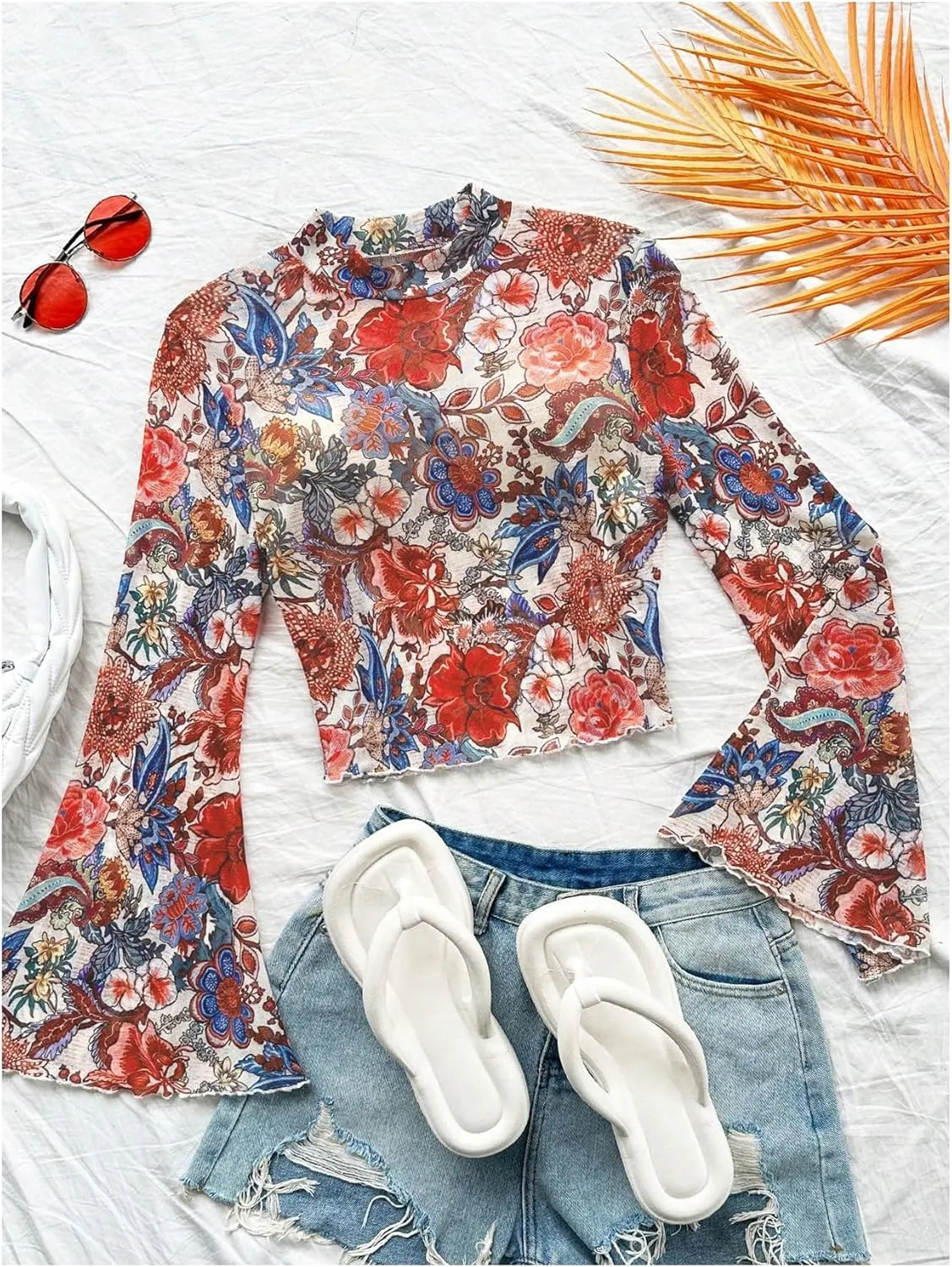Verdusa Women's Bell Sleeve Lettuce Trim Mock Neck Floral Mesh Top Crop T Shirt