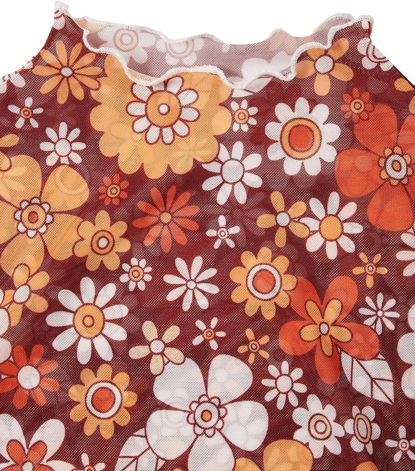 Verdusa Women's Bell Sleeve Lettuce Trim Mock Neck Floral Mesh Top Crop T Shirt