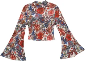 Verdusa Women's Bell Sleeve Lettuce Trim Mock Neck Floral Mesh Top Crop T Shirt