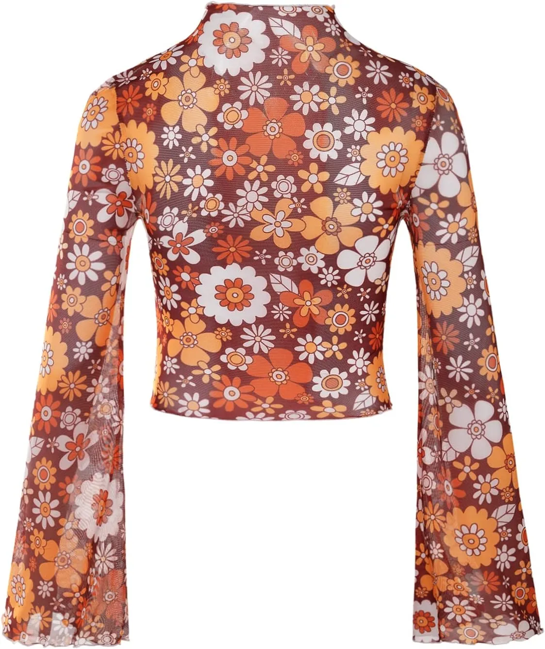 Verdusa Women's Bell Sleeve Lettuce Trim Mock Neck Floral Mesh Top Crop T Shirt