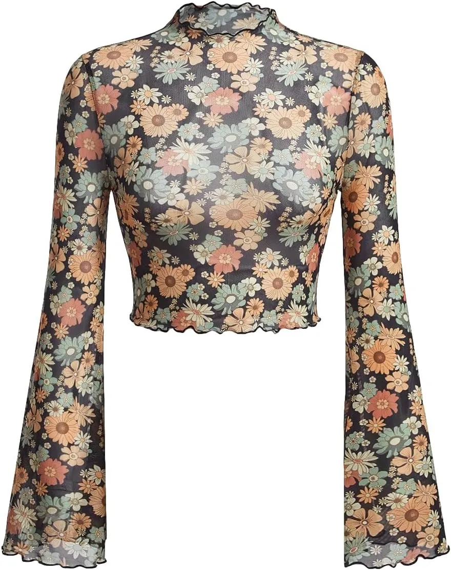 Verdusa Women's Bell Sleeve Lettuce Trim Mock Neck Floral Mesh Top Crop T Shirt
