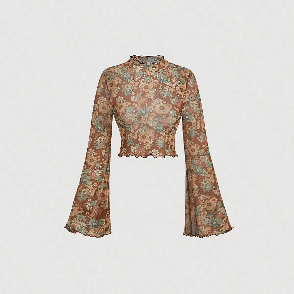 Verdusa Women's Bell Sleeve Lettuce Trim Mock Neck Floral Mesh Top Crop T Shirt