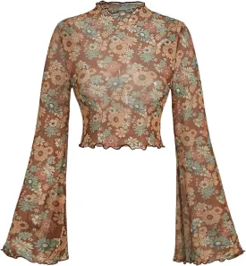 Verdusa Women's Bell Sleeve Lettuce Trim Mock Neck Floral Mesh Top Crop T Shirt
