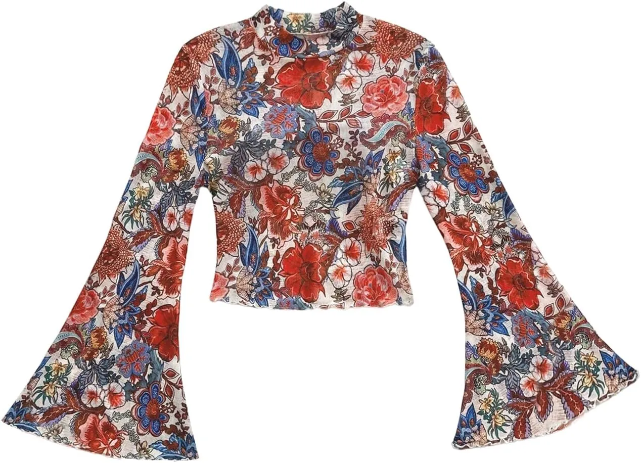 Verdusa Women's Bell Sleeve Lettuce Trim Mock Neck Floral Mesh Top Crop T Shirt