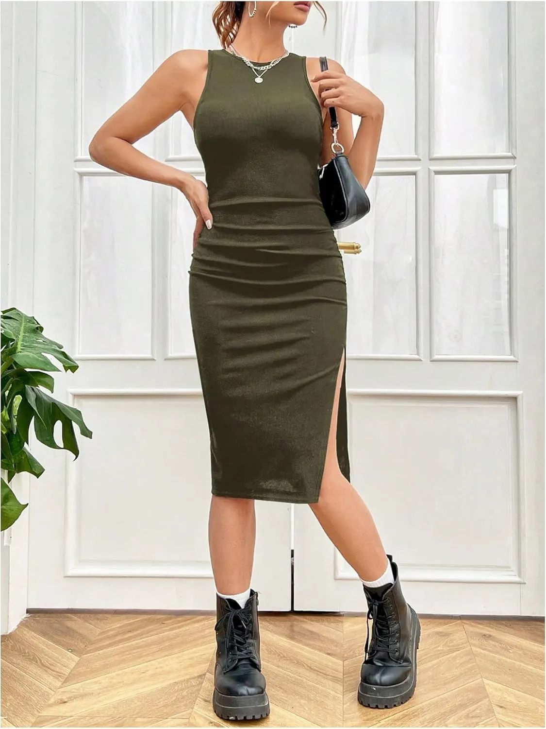 Verdusa Women's Casual Dresses High Split Midi Dresses Knit Bodycon Tank Dress