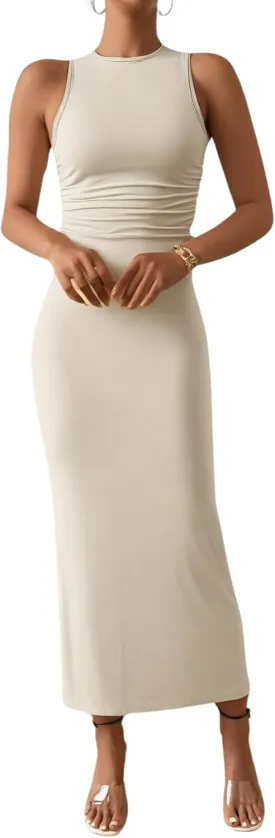 Verdusa Women's Crewneck Sleeveless High Waist Rib Knit Tank Long Bodycon Dress