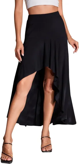Verdusa Women's Elastic Waist Asymmetrical High Low Flared Maxi Skirt