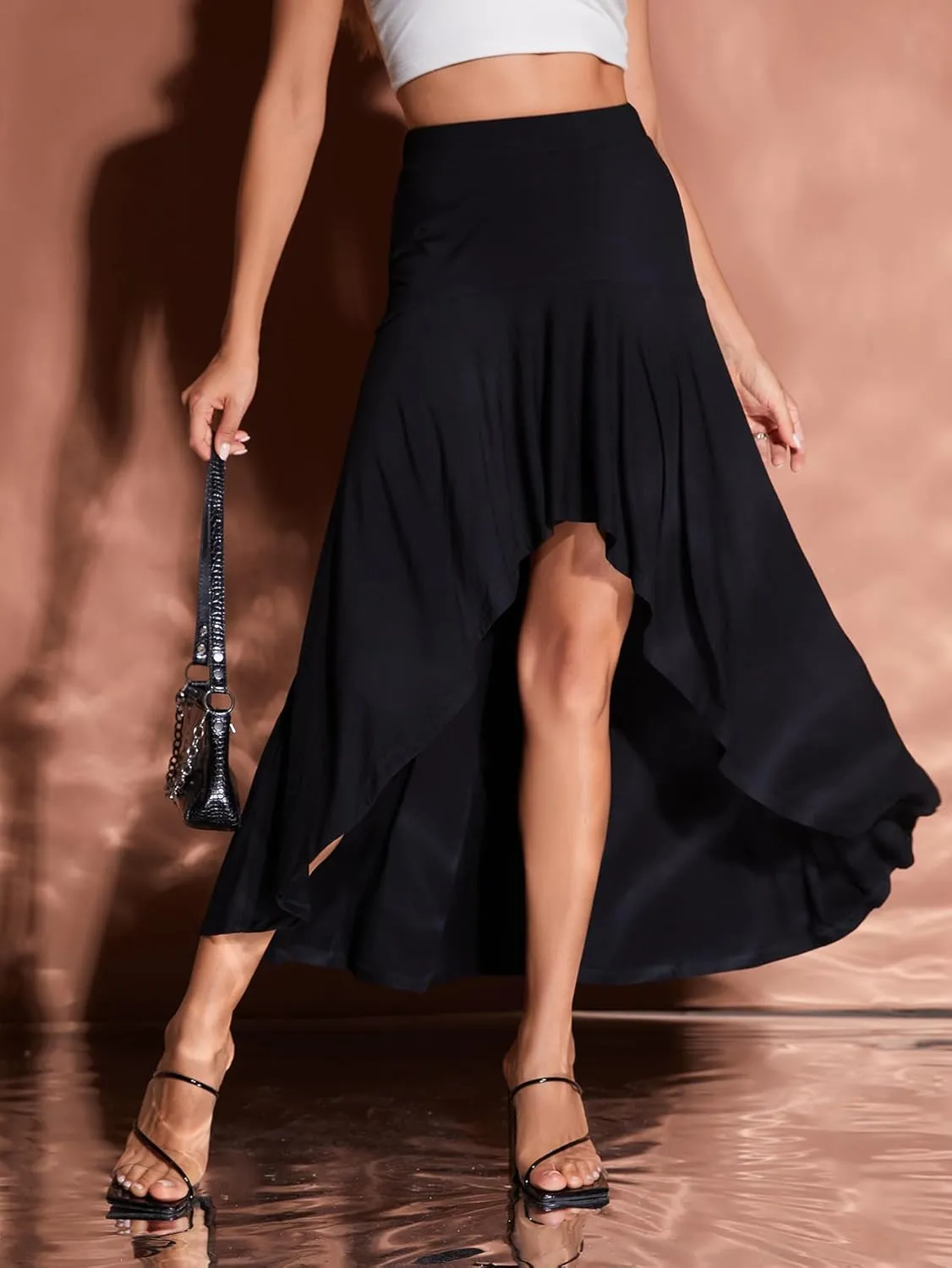 Verdusa Women's Elastic Waist Asymmetrical High Low Flared Maxi Skirt