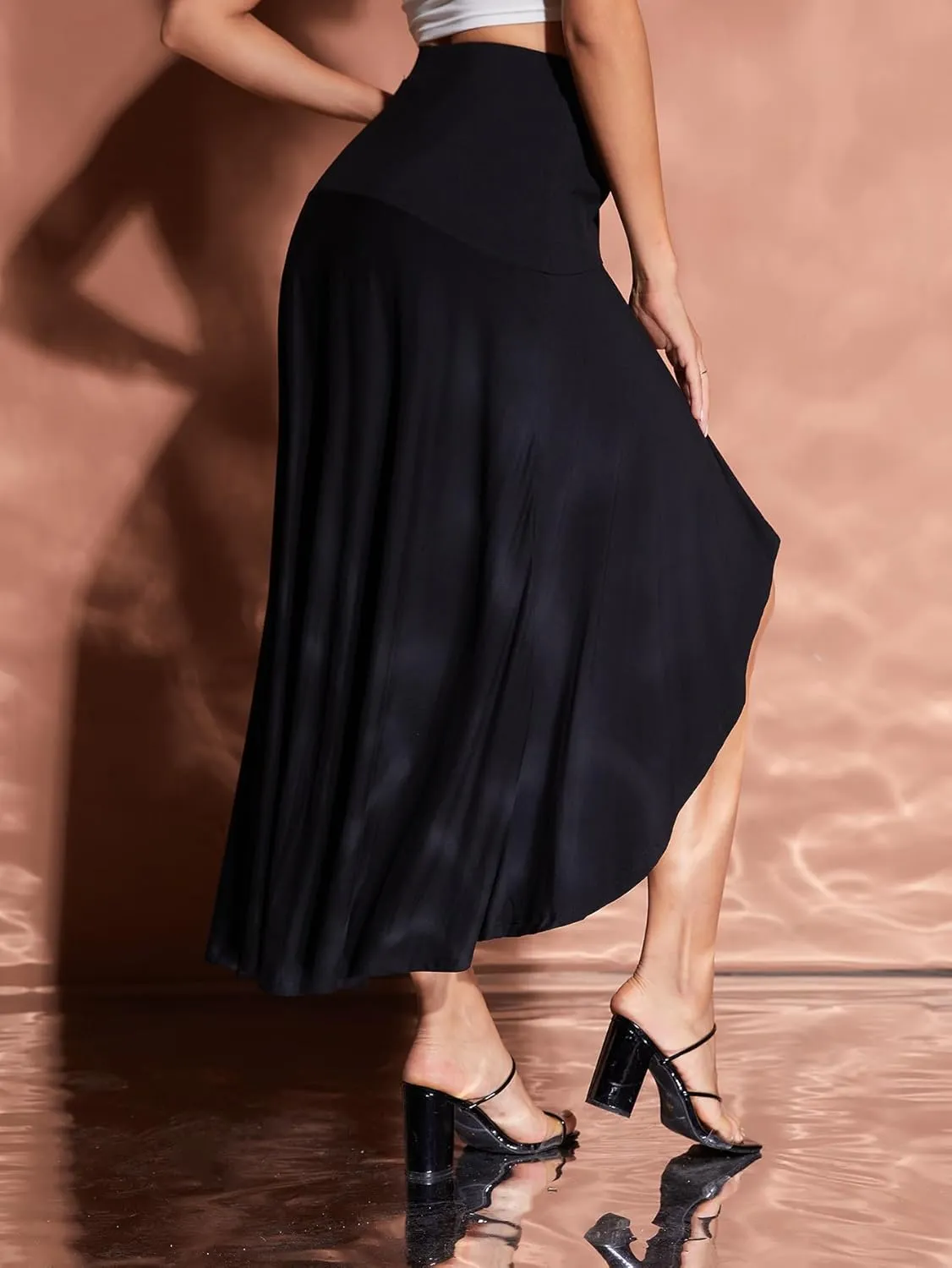 Verdusa Women's Elastic Waist Asymmetrical High Low Flared Maxi Skirt