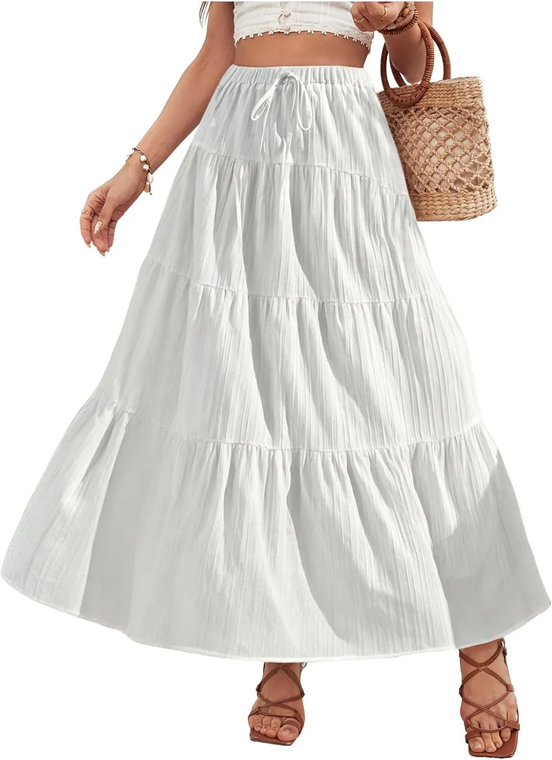 Verdusa Women's Flowy Flared Ruffle Boho Long Skirt Summer Maxi Skirt