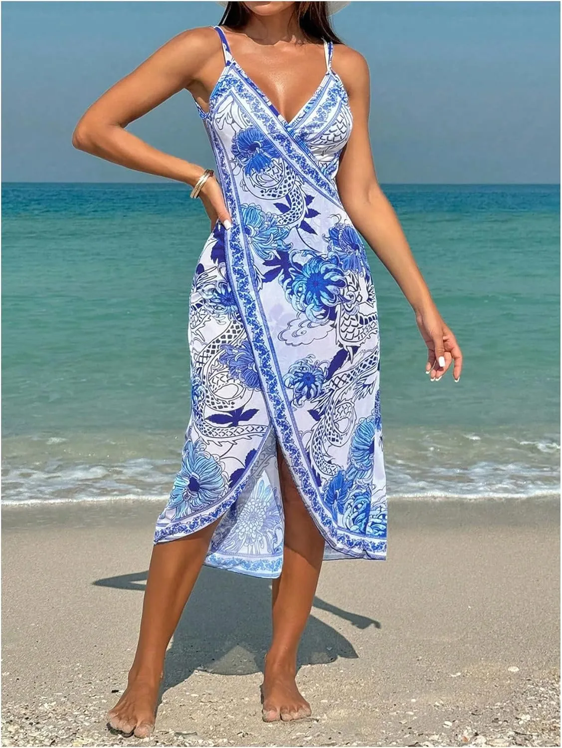 Verdusa Women's Sarong Wraps Floral Print Beach Cover Up Dress Backless Sleeveless Summer Dress