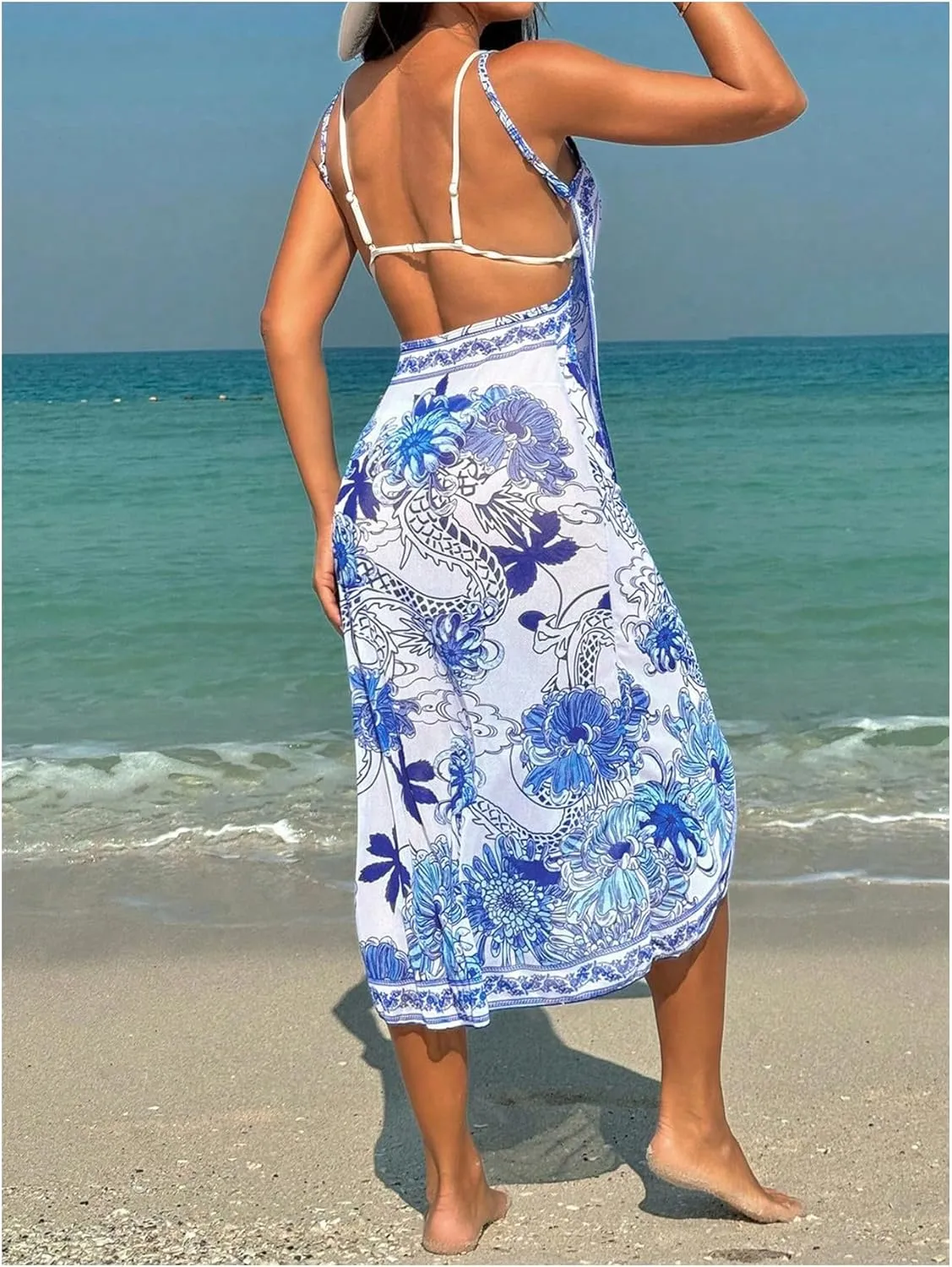Verdusa Women's Sarong Wraps Floral Print Beach Cover Up Dress Backless Sleeveless Summer Dress