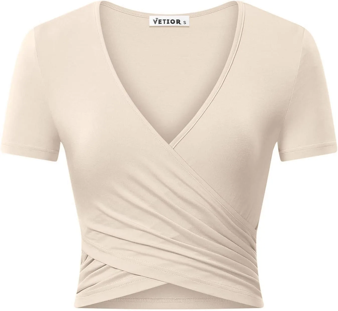 VETIOR Women's Sexy Deep V Neck Short Sleeve Unique Slim Fit Cross Wrap Shirts Crop Tops Going Out Tops