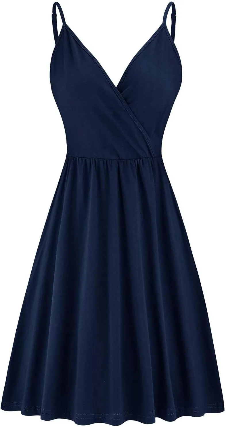 VOTEPRETTY Women's V-Neck Spaghetti Strap Dress Summer Casual Swing Sundress with Pockets