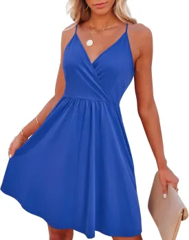 VOTEPRETTY Women's V-Neck Spaghetti Strap Dress Summer Casual Swing Sundress with Pockets