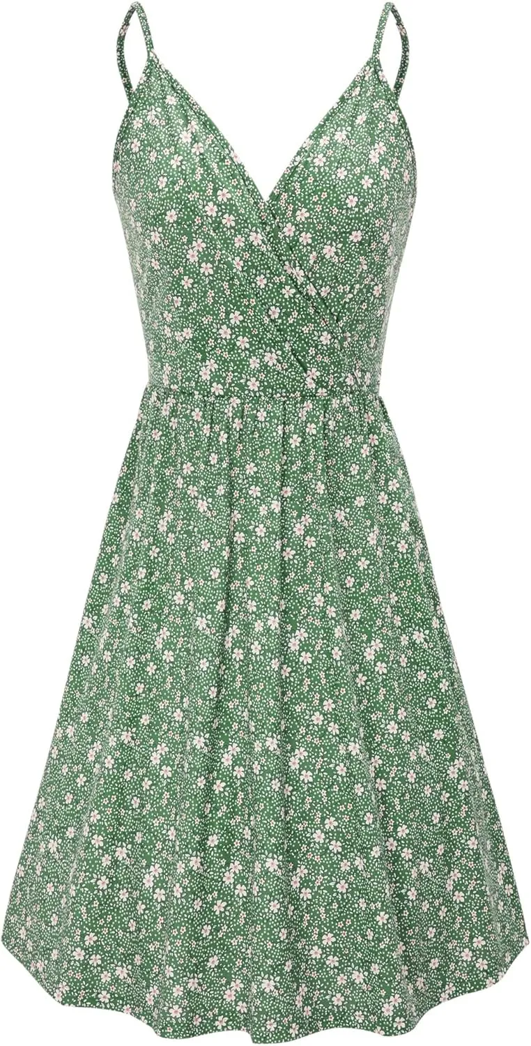 VOTEPRETTY Women's V-Neck Spaghetti Strap Dress Summer Casual Swing Sundress with Pockets