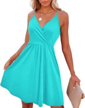 VOTEPRETTY Women's V-Neck Spaghetti Strap Dress Summer Casual Swing Sundress with Pockets