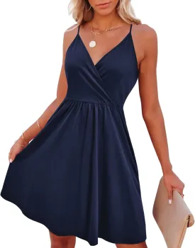 VOTEPRETTY Women's V-Neck Spaghetti Strap Dress Summer Casual Swing Sundress with Pockets