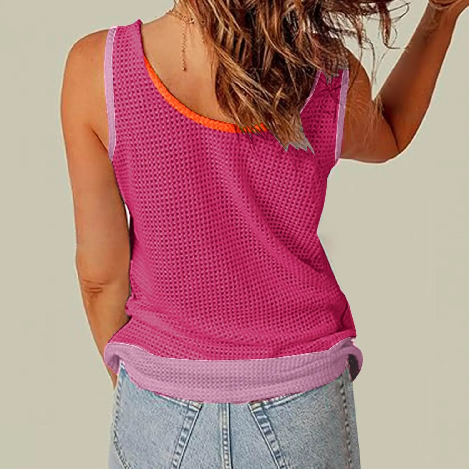 Waffle Knit Tank Top for Women Summer Trendy Oversized Scoop Neck Sleeveless Shirts Color Block Tops with Pocket