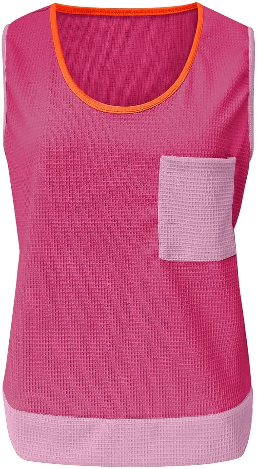 Waffle Knit Tank Top for Women Summer Trendy Oversized Scoop Neck Sleeveless Shirts Color Block Tops with Pocket