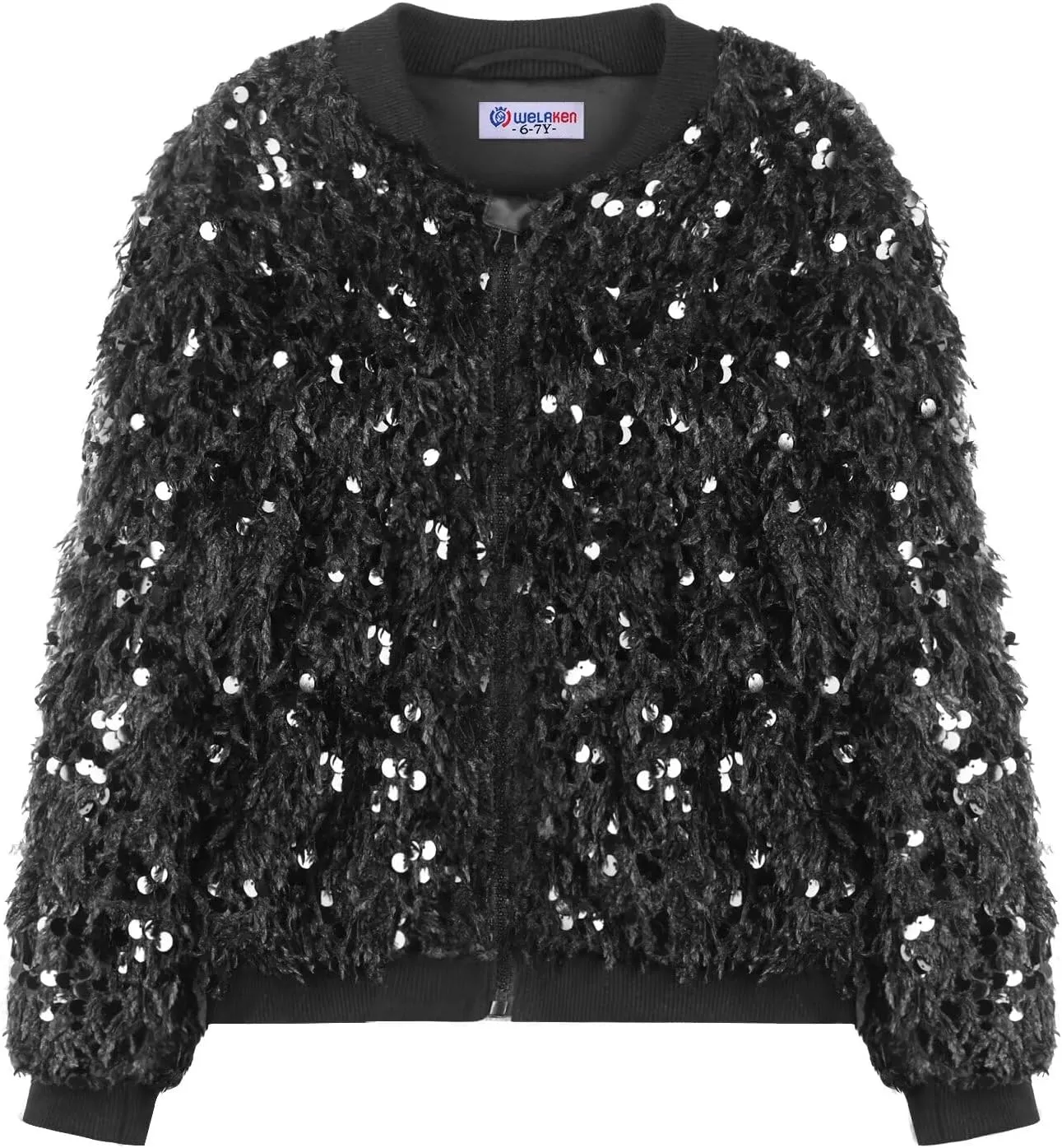 WELAKEN Girls Faux Feather Sequin Jacket Shiny Long Sleeve Zip Up Coat with Pockets 5-12Y