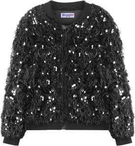 WELAKEN Girls Faux Feather Sequin Jacket Shiny Long Sleeve Zip Up Coat with Pockets 5-12Y