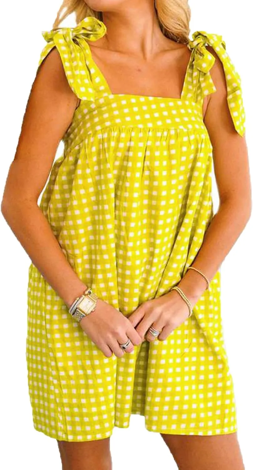 Women Floral Tie Shoulder Mini Dress Cute Square Neck Loose Fit Beach Short Dress Backless Boho Vocation Sundress