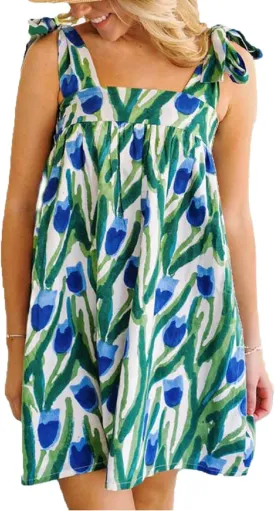 Women Floral Tie Shoulder Mini Dress Cute Square Neck Loose Fit Beach Short Dress Backless Boho Vocation Sundress