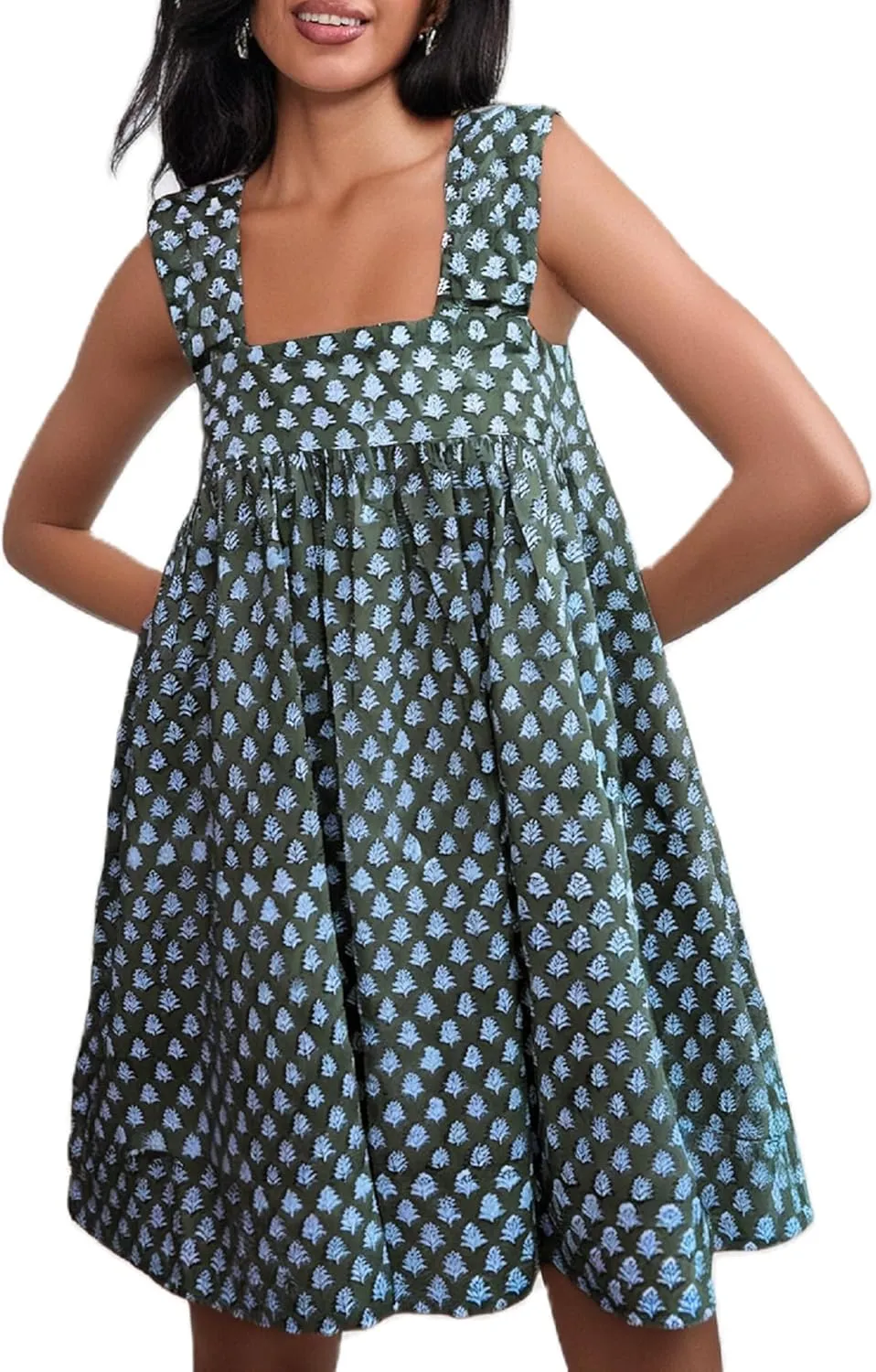 Women Floral Tie Shoulder Mini Dress Cute Square Neck Loose Fit Beach Short Dress Backless Boho Vocation Sundress