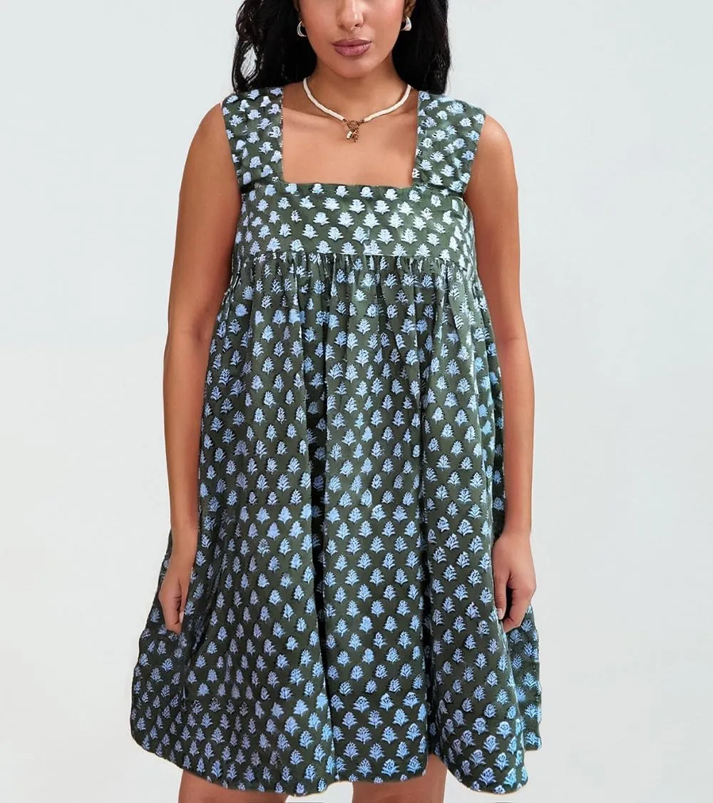 Women Floral Tie Shoulder Mini Dress Cute Square Neck Loose Fit Beach Short Dress Backless Boho Vocation Sundress