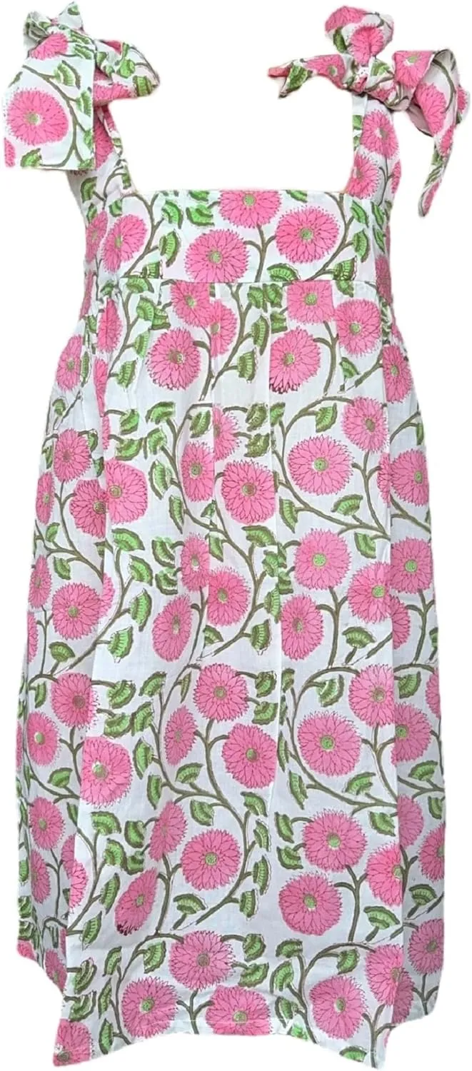 Women Floral Tie Shoulder Mini Dress Cute Square Neck Loose Fit Beach Short Dress Backless Boho Vocation Sundress