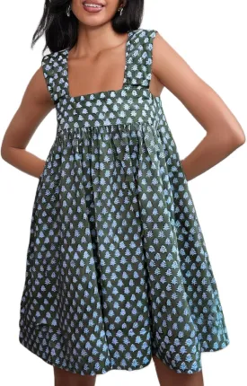 Women Floral Tie Shoulder Mini Dress Cute Square Neck Loose Fit Beach Short Dress Backless Boho Vocation Sundress
