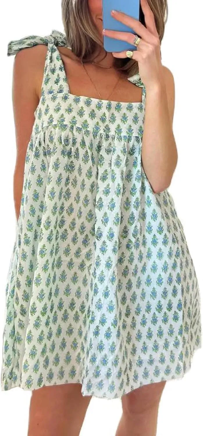 Women Floral Tie Shoulder Mini Dress Cute Square Neck Loose Fit Beach Short Dress Backless Boho Vocation Sundress