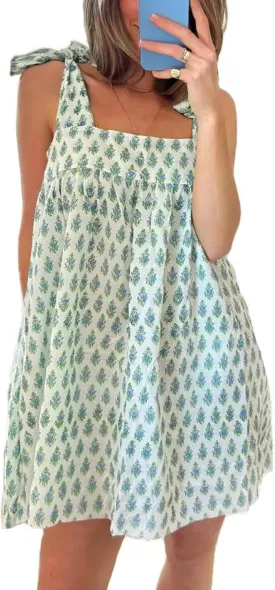 Women Floral Tie Shoulder Mini Dress Cute Square Neck Loose Fit Beach Short Dress Backless Boho Vocation Sundress