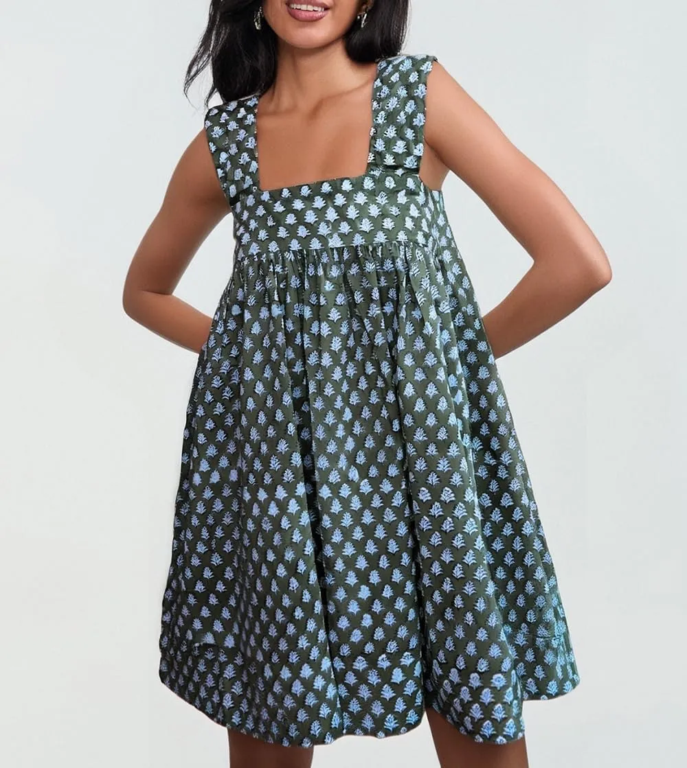 Women Floral Tie Shoulder Mini Dress Cute Square Neck Loose Fit Beach Short Dress Backless Boho Vocation Sundress