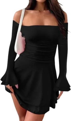 Women Off Shoulder Ruched Mini Dress Sexy Long Sleeve Ruffle Tiered Flowy Tube A Line Dress Fall Bodycon Short Dress