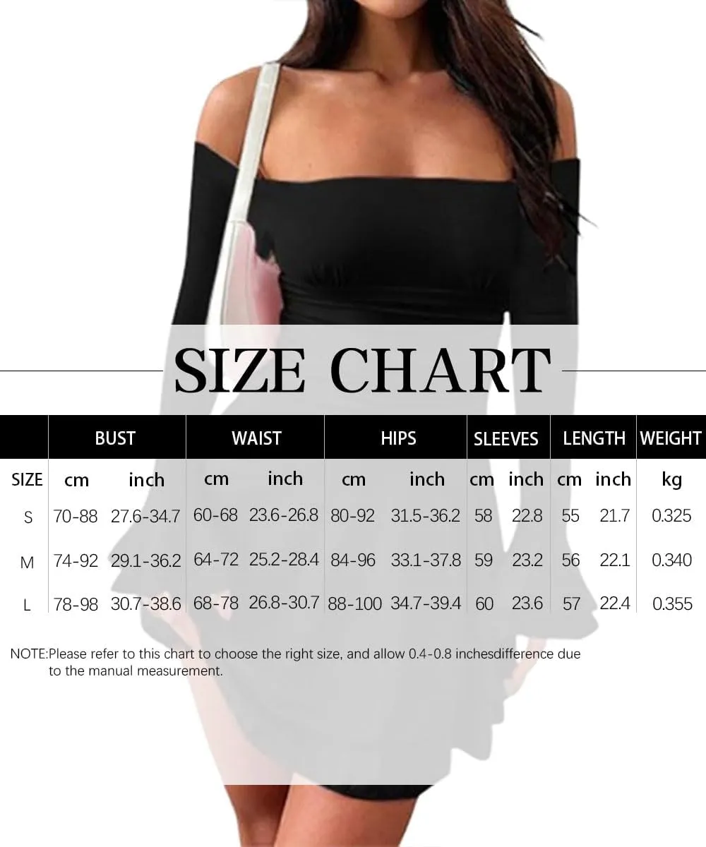 Women Off Shoulder Ruched Mini Dress Sexy Long Sleeve Ruffle Tiered Flowy Tube A Line Dress Fall Bodycon Short Dress