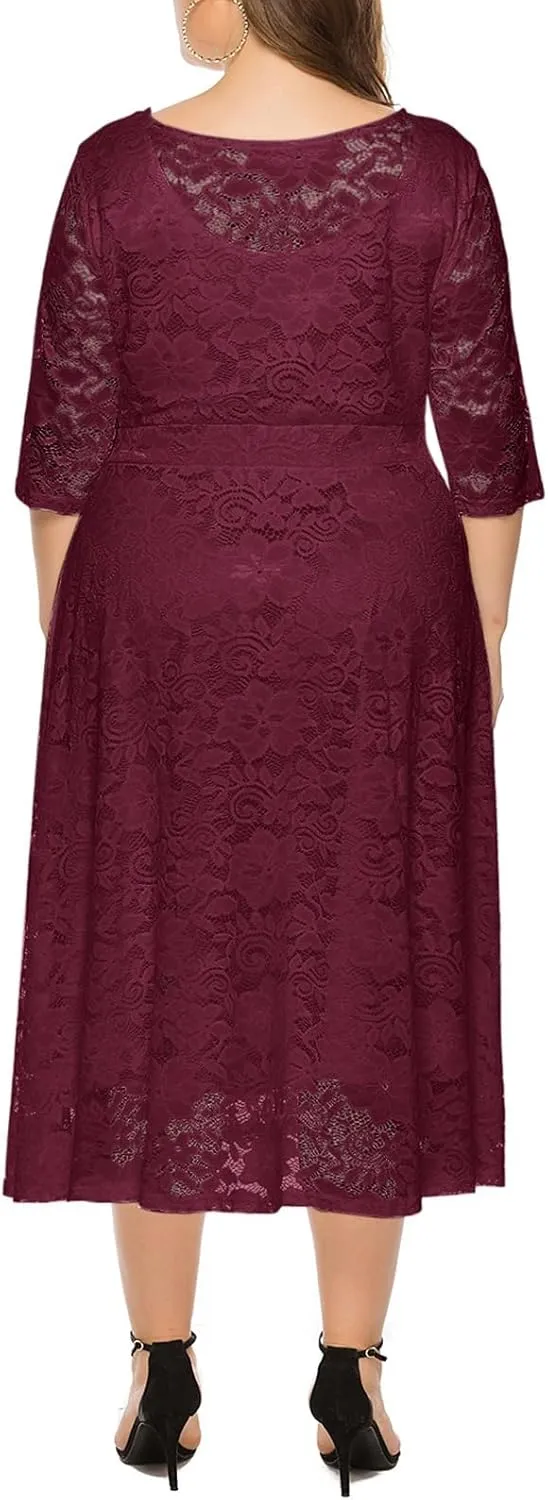 Women Plus Size Lace Cocktail Dresses Summer Round Neck Short Sleeve Wedding Guest Midi Dress with Pocket