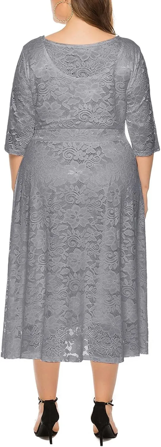 Women Plus Size Lace Cocktail Dresses Summer Round Neck Short Sleeve Wedding Guest Midi Dress with Pocket