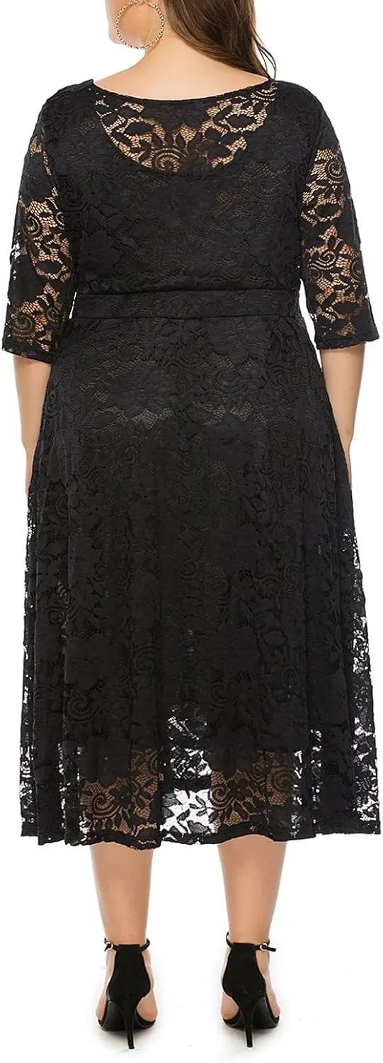 Women Plus Size Lace Cocktail Dresses Summer Round Neck Short Sleeve Wedding Guest Midi Dress with Pocket