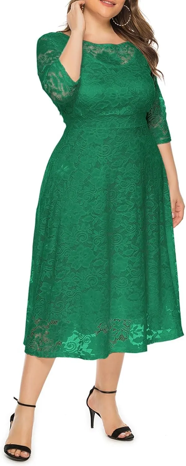 Women Plus Size Lace Cocktail Dresses Summer Round Neck Short Sleeve Wedding Guest Midi Dress with Pocket