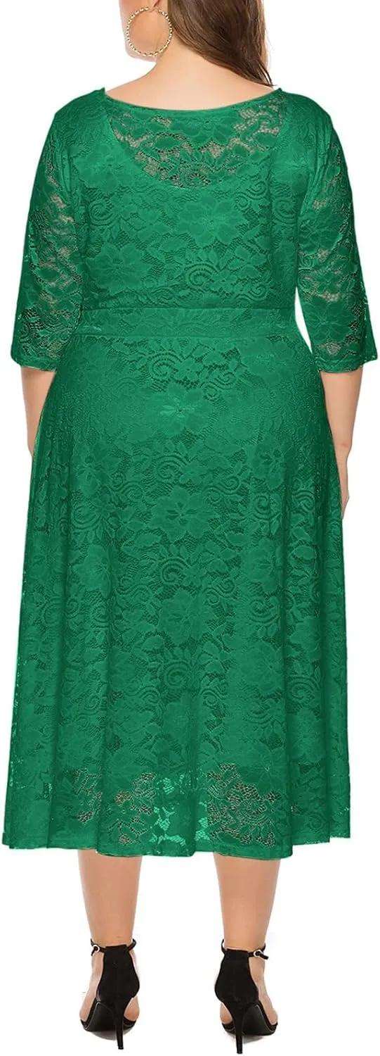 Women Plus Size Lace Cocktail Dresses Summer Round Neck Short Sleeve Wedding Guest Midi Dress with Pocket