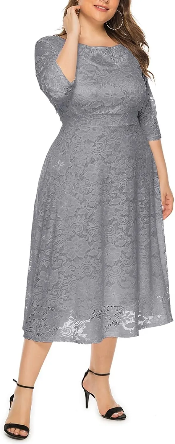 Women Plus Size Lace Cocktail Dresses Summer Round Neck Short Sleeve Wedding Guest Midi Dress with Pocket